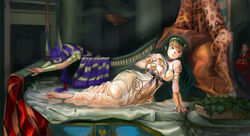  1boy 2girls animal_ears animal_print aqua_hair barefoot bed blonde_hair cleopatra_(fate) cleopatra_(third_ascension)_(fate) commentary_request dress egyptian egyptian_clothes eyeliner fate/grand_order fate_(series) fine_art_parody gaius_julius_caesar_(fate) green_hair hairband indoors jackal_ears leopard_print long_hair longjunt lying makeup multicolored_hair multiple_girls name_connection nitocris_(fate) on_side parody purple_hair see-through signature the_death_of_cleopatra two-tone_hair very_long_hair white_dress yellow_hairband 