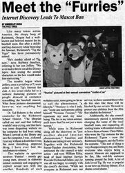 ambiguous_gender anthro bear canid canine canis clothing costume english_text fake fursuit grandfathered_content greyscale group hoax mammal monochrome newspaper real text unknown_artist wolf