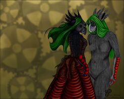 5:4 anthro avian banrai beak bird black_body black_border black_feathers blue_eyes border clothing dress duo feathers female gear green_hair hair markings mask nude red_clothing red_dress red_markings tias_macase wallpaper