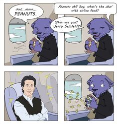 aircraft airplane anthro black_hair canid canine canis clothed clothing comic crossed_arms dialogue duo english_text fen_(character) food fruit fur green_eyes hair human humor inside_airplane jerry_seinfeld joke legume male mammal nut_(fruit) peanut_(food) phenris plant purple_body purple_fur seinfeld text topwear vehicle vest window wolf