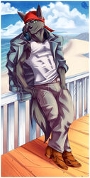 anthro bandana beaugilliam black_nose canid canine canis clothed clothing cloud electronics green_eyes headkerchief headphones headphones_around_neck hi_res kerchief looking_at_viewer lupine_assassin male mammal muscular muscular_anthro muscular_male outside seaside sky solo tail water wolf