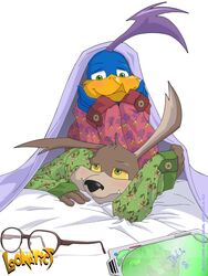 3:4 anthro avian beak bed bedding bird black_nose blanket blue_body blush brown_body brown_fur canid canine canis clothing coyote cuculiform duo eyewear fangs feathers fur furniture glasses green_eyes grin inside jodi-seer loonatics_unleashed looney_tunes lying male male/male mammal new_world_ground_cuckoo on_bed on_front pajamas pose rev_runner roadrunner romantic romantic_couple simple_background smile tech_e._coyote teeth under_covers warner_brothers