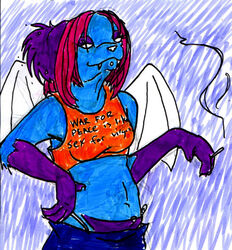 anthro banrai blue_body blue_bottomwear blue_clothing blue_fur bottomwear cigarette clothed clothing crop_top daaa domestic_cat drugs empty_eyes english_text facial_piercing felid feline felis female fur glamfur gloves_(marking) hair half-length_portrait hand_on_hip hybrid lemur low_res mammal marker_(artwork) markings membrane_(anatomy) membranous_wings navel orange_clothing orange_topwear panties panty_peek piercing pink_hair portrait primate purple_bottomwear purple_clothing purple_panties purple_underwear shirt shirt_logo smoke smoking solo strepsirrhine stringy_hair strung_out tank_top text topwear traditional_media_(artwork) underwear wings