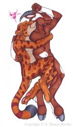 anthro banrai belly bovid brown_body brown_fur caprine cheetah clenched_teeth cuddling duo felid feline female fur goat happy heart_symbol hi_res hooves king_cheetah love lying male male/female mammal orange_body orange_fur pawpads paws romantic romantic_couple simple_background spots tail teeth white_background white_belly