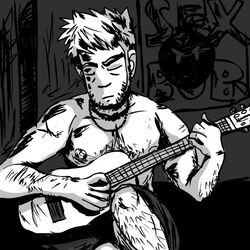 1:1 black_and_white closed_eyes clothed clothing grandfathered_content guitar hairy human human_only male mammal monochrome music musical_instrument not_furry playing_guitar playing_music plucked_string_instrument scott_pilgrim_(series) solo stephen_stills string_instrument topless unknown_artist