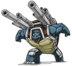 ambiguous_gender armor back_cannon blastoise blue_body blue_skin cannon generation_1_pokemon nintendo open_mouth pokemon pokemon_(species) ranged_weapon reptile scalie shadow shell simple_background solo tongue unknown_artist weapon white_background