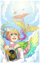 2010 animal_humanoid avian avian_humanoid bird blue_eyes cage cloud feathered_wings feathers flying group hair hanaface humanoid male multicolored_hair open_mouth outside ponytail rainbow_hair rainbow_wings short_hair sky skyscape solo_focus teeth tongue wings