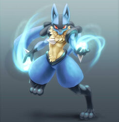 2010 anthro anthrofied aura_sphere biri black_body black_fur blue_body blue_fur canid canine fur generation_4_pokemon gradient_background looking_at_viewer lucario male mammal nintendo pokemon pokemon_(species) pokemon_move pokemorph red_eyes riot41 simple_background solo tail yellow_body yellow_fur