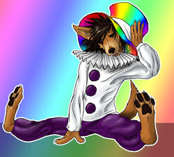 anthro brown_eyes brown_hair canid canine clothing clown colorful_background colorful_theme costume digital_media_(artwork) full-length_portrait hair hat headgear headwear hindpaw male mammal paws pierrot_costume portrait rainbow solo tail top_hat vallhound