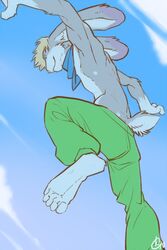 2010 2:3 anthro biped blonde_hair bottomwear clothed clothing cloud feet hair hindpaw jumping killerbunnys lagomorph leporid long_ears male mammal outside pants patto paws rabbit scarf sky skyscape solo toes topless