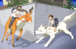 ambiguous_gender antelope ashitaka bovid bridle brown_hair canid canine canis clothing female feral ghibli group hair horn human lechwe maldives_(artist) male mammal mononoke_hime mount reduncine reins riding san_(princess_mononoke) school_uniform street street_corner tail uniform what wolf yakkul