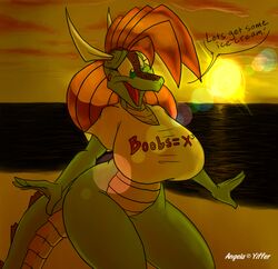 angela_(badgerben) anthro badgerben beach big_breasts bottomless breasts clothed clothing cloud dragon female hi_res huge_breasts mythological_creature mythological_scalie mythology non-mammal_breasts outside scalie seaside sky solo sunset tail