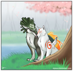 2009 amaterasu_(okami) ambiguous_gender blue_eyes border canid canine canis capcom claws closed_eyes clover_studio colored crossover crossover_ship daww deity detailed_background duo ear_piercing feral forest fur fur_markings licking mammal markings nature nintendo nyaasu okami_(capcom) outside piercing plant romantic romantic_ambiance romantic_couple signature smile text the_legend_of_zelda tongue tongue_out tree twilight_princess url white_body white_border white_fur wolf wolf_link wood