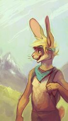 accessory anthro backpack bandana blonde_hair blue_kerchief blue_neckerchief bottomwear clothed clothing cornershop digital_media_(artwork) ears_up grass hair headband kerchief killerbunnys lagomorph leporid looking_forward male mammal mountain neckerchief outside plant rabbit sky solo standing straps topless