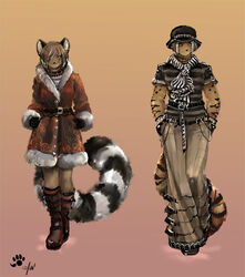 anthro autumn duo fashion female lemur male mammal markings marsupial ouari paleo_(thumbclawz) primate ring-tailed_lemur ring_(marking) ringed_tail strepsirrhine striped_markings striped_tail stripes tail tail_markings thumbclawz thylacoleo vombatiform