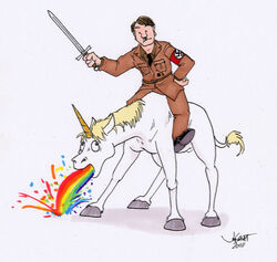 2010 adolf_hitler bodily_fluids dictator duo equid equine feral horn human male mammal melee_weapon mythological_creature mythological_equine mythology nazi parody quadruped rabbi-tom rainbow real_world riding simple_background straddling sword tail technicolor_yawn unicorn unimpressed vomit vomiting vomiting_on_ground weapon what white_background