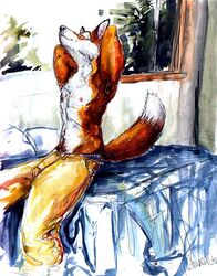 anthro armpit_hair body_hair bottomwear canid canine closed_eyes clothing fox java male mammal pants red_fox solo tail true_fox