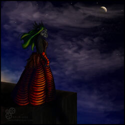 1:1 anthro avian banrai bird blue_eyes brown_body brown_feathers building clothing detailed_background digital_media_(artwork) digital_painting_(artwork) dress feathers female gargoyle green_hair hair hood lamp light mask night on_roof outside red_clothing red_dress rooftop sky skyscape solo star starry_sky tias_macase