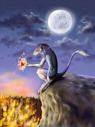 3:4 amber_eyes anthro arthropod blue_body blue_fur butterfly claws cloud detailed_background duo fire full_moon fur hi_res insects lepidopteran male mammal markus_(dowantanaccount) moon night nude outside scenic_view sergal shiniwulf side_view size_difference sky smile solo_focus star starry_sky tail