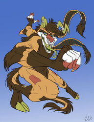 action_pose blue_background blue_eyes bovid brown_body brown_fur brown_hair caprine claws cloven_hooves countershading dragon facial_markings facial_piercing fingerless_(marking) fur gloves_(marking) goat gradient_background hair head_markings hooves horn horn_jewelry horn_ring hybrid jewelry leg_markings long_ears male mammal markings muzzle_(marking) mythological_creature mythological_scalie mythology nose_piercing nose_ring open_mouth piercing pose reverse_countershading ring_(jewelry) ring_piercing scalie septum_piercing simple_background snout snout_markings socks_(marking) solo standing superstinkwarrior tail tongue tongue_out yellow_sclera