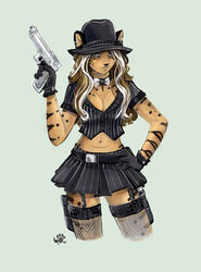 alternative_fashion anthro bottomwear breasts cleavage clothed clothing female fishnet_clothing garter_straps gloves gun hand_on_hip handgun handwear hat headgear headwear highlights_(coloring) holding_gun holding_object holding_ranged_weapon holding_weapon mammal marsupial midriff mobster paleo_(thumbclawz) pinstripes pistol pleated_skirt ranged_weapon rule_63 skirt solo thumbclawz thylacoleo vombatiform weapon white_highlights