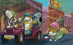 80&#039;s_theme bling boombox brick_phone canid canine canis chris_goodwin detailed_background digital_media_(artwork) domestic_dog electronics feral group haters_gonna_hate herding_dog holding_object holding_phone jeep male mammal outside pastoral_dog phone phone_call they_see_me_rollin_they_hatin welsh_corgi