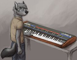 734 2008 anthro biped black_nose blue_eyes bottomwear canid canine canis clothed clothing electronic_musical_instrument electronics fully_clothed fur furniture grey_body grey_fur grey_hair hair inside keyboard looking_back male male_anthro mammal musical_instrument pants roland_corporation roland_juno-6 shirt short_hair solo standing synthesizer table tail topwear wolf