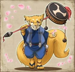 2010 anthro asian_clothing canid canine clothing countershading digital_media_(artwork) drum east_asian_clothing fox japanese japanese_clothing male mammal musical_instrument overweight overweight_anthro overweight_male percussion_instrument risuou slightly_chubby solo taiko_drum tail tomoe_(symbol) weapon