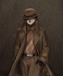 anthro belt black_hair bottomwear bowler_hat brown_clothing brown_theme canid canine canis clothed clothing coat fashion footprint fully_clothed fur gloves hair hand_in_pocket hands_in_both_pockets handwear hat headgear headwear male mammal pants pawprint pockets portrait purple_body purple_fur shirt simple_background solo suit textured_background three-quarter_portrait thumbclawz tokami topwear trenchcoat white_body white_fur wolf