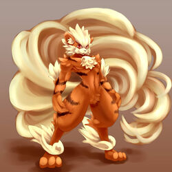 1:1 2010 3_toes anthro arcanine barefoot biped biri black_body black_fur blonde_hair canid canine chest_tuft claws feet front_view fur generation_1_pokemon hair inner_ear_fluff male mammal multi_tail nintendo orange_body orange_fur pokemon pokemon_(species) pokemorph pubes red_eyes riot41 solo standing stripes tail toes tuft