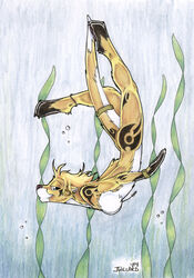 2004 anthro female jessica_willard kelp mammal mustelid nude otter seaweed solo swimming tail tattoo traditional_media_(artwork) underwater water