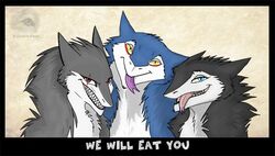 anthro blood_warpaint blue_body blue_eyes blue_fur english_text female feral forked_tongue fur grin group looking_at_viewer male mammal markus_(dowantanaccount) murchetta natalie_(natalie_de_corsair) natalie_de_corsair open_mouth rape_face sergal sidgi smile text tongue