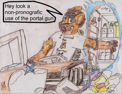 2010 anthro appliance cb129 colored_pencil_(artwork) computer electronics english_text eyewear eyewear_on_head food fridge goggles goggles_on_head humor hyena kitchen_appliance lazy logic machine male mammal milk portal portal_(series) portal_gun solo spotted_hyena text thinking_with_portals tongue tongue_out traditional_media_(artwork) valve