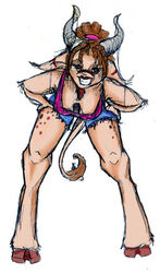 anthro ava_(disambiguation) banrai bent_over biped bottomwear bovid breasts brown_hair caprine clothing cloven_hooves country dreadlocks female goat grin hair hooves horn mammal satyr shorts simple_background smile solo spots spread_legs spreading standing tail white_background