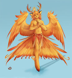 anthro antlers avian biped bottomwear clothing deer european_mythology feathered_wings feathers fire_peryton fur gradient_background greek_mythology hooves horn hybrid ilias_(schinschi) loincloth male mammal mythological_avian mythological_bird mythological_creature mythological_firebird mythology navel orange_body orange_eyes orange_fur peryton phoenix simple_background skirt solo standing thumbclawz wings