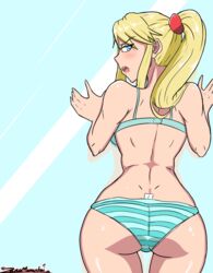  against_glass against_wall artist_name ass bare_shoulders blonde_hair blue_eyes blue_striped_panties bra female from_behind long_hair looking_at_viewer looking_back metroid navel nintendo open_mouth panties ponytail presenting presenting_hindquarters samus_aran shimapan simple_background solo striped_panties tied_hair underwear zeromomentai 