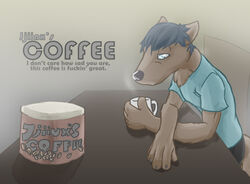 2010 5_fingers advertisement anthro bean beverage biped black_hair black_nose blue_eyes bottomwear brown_body brown_fur canid canine chest_tuft claws clothed clothing coffee coffee_bean container cup depression ears_back english_text fingers food fur furniture hair half-closed_eyes looking_down male mammal narrowed_eyes pants pivoted_ears sad shirt short_hair sitting solo steam syynx table text topwear tuft