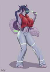 anthro barefoot big_breasts biped breasts canid canine closed_eyes clothing dancing digital_media_(artwork) feet female glowstick hi_res jen_(jindragowolf) jindragowolf mammal midriff nipple_outline solo tail