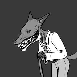 1:1 4_fingers anthro belt biped bottomwear cane canid canine claws clothed clothing creepy dress_shirt fingers fox fully_clothed fur greyscale half-closed_eyes hands_together male mammal monochrome narrowed_eyes necktie nightmare_fuel oniontrain pants portrait red_(rq) ruby_quest sharp_teeth shirt simple_background smile solo standing tail teeth three-quarter_portrait topwear