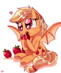  2015 5:6 alternate_species apple apple_juice applejack_(mlp) bat_pony beverage blonde_hair daniel-sg eating equid fangs female feral food freckles friendship_is_magic fruit hair hasbro heart_symbol hybrid juice_(beverage) mammal my_little_pony plant red_eyes sitting solo teeth 