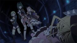  4girls akari_acura animated animated anime_screenshot antenna_hair blonde_hair blood chibi corpse dress frederika_(hitsugi_no_chaika) green_hair hairband hammer hitsugi_no_chaika long_hair lowres multiple_girls non-web_source ringlets spoilers viivi_holopainen zita_brusasco 