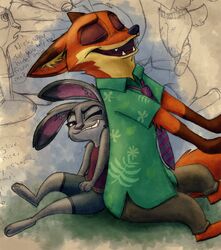  2017 anthro barefoot bottomwear canid canine closed_eyes clothing color_edit colored disney duo english_text fangs feet female fox fur grin judy_hopps lagomorph leporid male mammal nick_wilde open_mouth open_smile pants rabbit shirt sitting smile stormspike teeth text third-party_edit topwear xx-junglebeatz-xx zootopia 