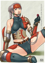  armor azasuke azasuke bare_shoulders belt blue_eyes braid breasts cameltoe capcom chains character_request elbow_gloves female gloves gray_hair grey_hair headband headguard highres kuroobi midriff monster_hunter monster_hunter_g navel ponytail shorts sitting solo spread_legs thighhighs 