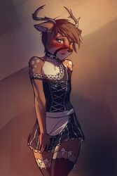  2015 2:3 anthro antlers bare_shoulders bite biting_lip biting_own_lip blue_eyes blush brown_body brown_fur brown_hair choker clothed clothing crossdressing dash_ravo deer femboy fur garter_straps hair horn jewelry legwear lips maid_uniform male mammal necklace new_world_deer off_shoulder self_bite shy simple_background solo stockings thigh_highs tzarious uniform white-tailed_deer 