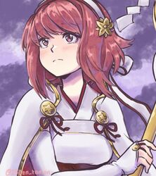  250en_remon artist_name blush capelet cloud commentary_request female fire_emblem fire_emblem_fates hairband pink_eyes pink_hair sakura_(fire_emblem) sky solo staff upper_body 