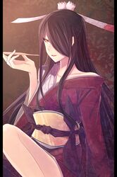  :d aoki_hagane_no_arpeggio aoki_shizumi bad_id bad_pixiv_id bare_legs bare_shoulders black_hair female fingernails flower from_side hair_flower hair_ornament hair_over_one_eye hair_ribbon holding japanese_clothes kimono kiseru knee_up lipstick long_fingernails long_hair long_sleeves looking_to_the_side makeup mole mole_under_mouth nagato_(aoki_hagane_no_arpeggio) obi off_shoulder open_mouth parted_bangs pillarboxed red_lips ribbon sash sidelocks sitting smile smoking_pipe solo swept_bangs very_long_hair wide_sleeves yellow_eyes yuujo 