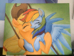  2015 applejack_(mlp) blue_body blue_feathers blue_fur closed_eyes clothing duo earth_pony equid equine feathered_wings feathers female female/female feral friendship_is_magic fur hair hasbro hat headgear headwear horse kiss_on_lips kissing mammal multicolored_hair my_little_pony mythological_creature mythological_equine mythology painting_(artwork) pegasus pony rainbow_dash_(mlp) rainbow_hair sketchyjackie traditional_media_(artwork) wings 