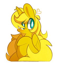  alicorn blonde_hair blue_eyes chibi equid equine fan_character feathered_wings feathers female feral golden_ticket hair happy hasbro heart_symbol horn mackinn7 mammal my_little_pony mythological_creature mythological_equine mythology simple_background sitting solo white_background wings 