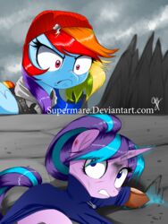  2015 blue_body blue_eyes blue_feathers blue_fur clothing duo equid equine feathered_wings feathers female feral friendship_is_magic fur hair hasbro hi_res horn mammal multicolored_hair my_little_pony mythological_creature mythological_equine mythology pegasus rainbow_dash_(mlp) rainbow_hair starlight_glimmer_(mlp) sucker_punch supermare_(artist) unicorn wings 