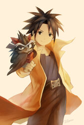  1boy animal bad_id bad_pixiv_id belt bird black_eyes black_hair cloak crow jing_(jing_king_of_bandits) jing_king_of_bandits kir_(jing_king_of_bandits) looking_at_viewer noeyebrow_(mauve) photoshop_(medium) scarf short_hair signature simple_background smile 